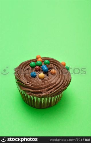 A chocolate cupcake isolated on a green background