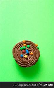 A chocolate cupcake isolated on a green background