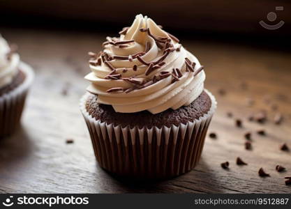 A chocolate cupcake with cottage cheese cream and chocolate chips stands on a wooden table. A chocolate cupcake with cottage cheese cream and chocolate chips stands