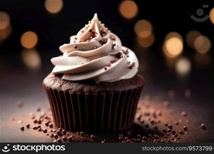 A chocolate cupcake with cottage cheese cream and chocolate chips stands on a wooden table. A chocolate cupcake with cottage cheese cream and chocolate chips stands