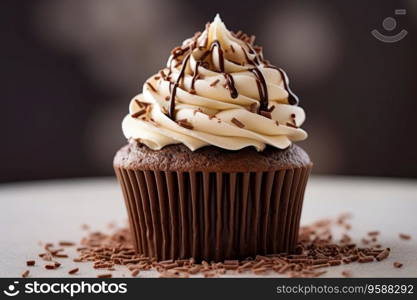 A chocolate cupcake with cottage cheese cream and chocolate chips stands on a wooden table. A chocolate cupcake with cottage cheese cream and chocolate chips stands