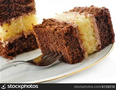 A chocolate fudge layer cake , close up