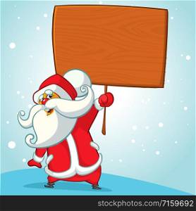A Christmas cartoon illustration of Santa Claus holding a sign board. Vector illustration