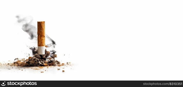 A cigarette isolated at the white background with black smoke, unhealthy habit, smoking addiction cigarets with copy space space for text. A cigarette isolated at the white background with black smoke, unhealthy habit, smoking addiction cigarets with copy space