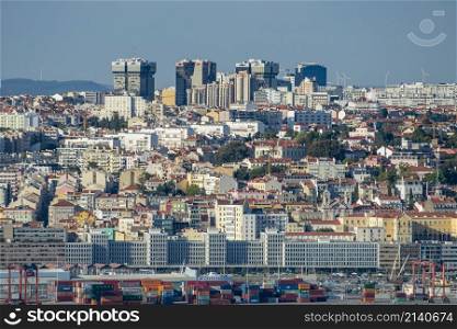 a City view of Campo de Ourique in the city of Lisbon at the Rio Tejo near the City of Lisbon in Portugal. Portugal, Lisbon, October, 2021