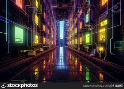 A cityscape in a cyberpunk style. The buildings are towering and angular, and the lights are neon and bright. The atmosphere is dark and mysterious. Generative AI