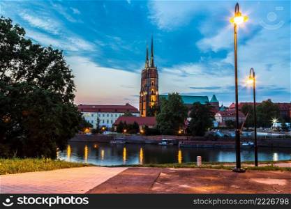 A cityscape of Wroclaw and Cathedral of St. John, Poland in a summer night