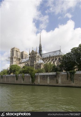 A classic, almost archetypal view of the Notre Dame and Ile de la CitZ, seen from across the river Seine in Paris. The cathedral is basking in the sunlight
