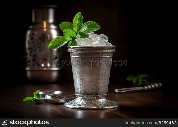 A classic, iconic cocktail scene, featuring a refreshing mint julep served in a traditional silver cup with crushed ice, fresh mint leaves, and a dusting of powdered sugar. Generative AI