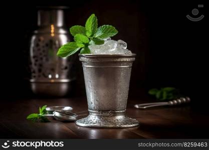 A classic, iconic cocktail scene, featuring a refreshing mint julep served in a traditional silver cup with crushed ice, fresh mint leaves, and a dusting of powdered sugar. Generative AI