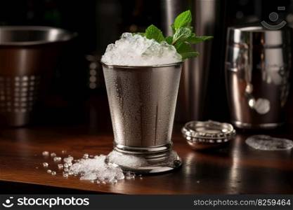 A classic, iconic cocktail scene, featuring a refreshing mint julep served in a traditional silver cup with crushed ice, fresh mint leaves, and a dusting of powdered sugar. Generative AI