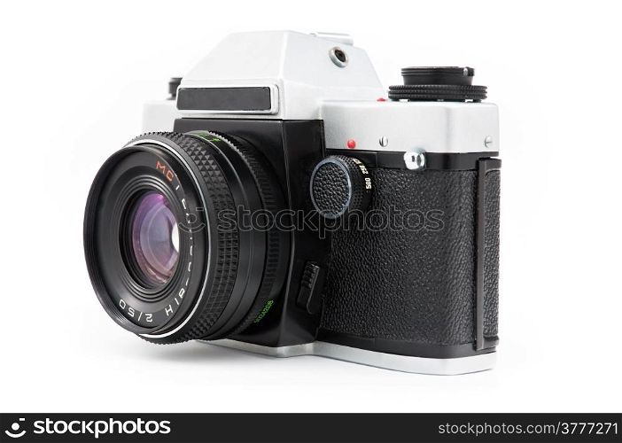 A classic manual film camera isolated on a white background.