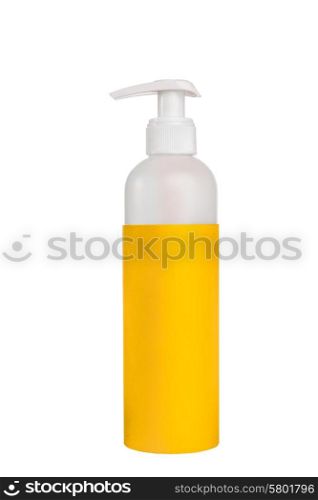 A clear plastic container with a white nozzle head and a yellow clear label on a white isolated background.