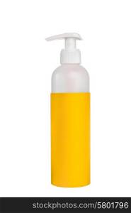A clear plastic container with a white nozzle head and a yellow clear label on a white isolated background.