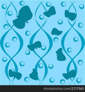 A clip art illustration featuring blue butterflies amongst swirling garden vines and stylish water drops isolated.