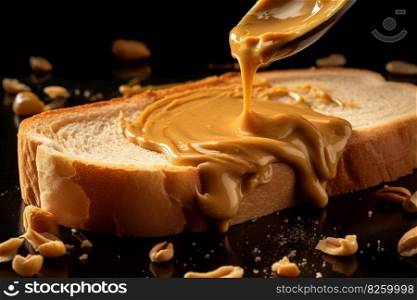 A close-up, appetizing image of creamy peanut butter being spread onto a slice of warm, toasted bread, of the popular spread. Generative AI