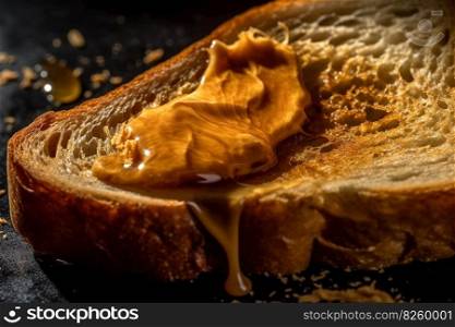 A close-up, appetizing image of creamy peanut butter being spread onto a slice of warm, toasted bread, of the popular spread. Generative AI