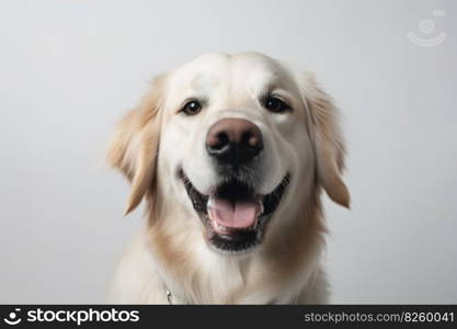 A close-up, heartwarming image of a dog’s smiling face, showcasing its expressive eyes and joyful expression, set against a white background. Generative Ai.