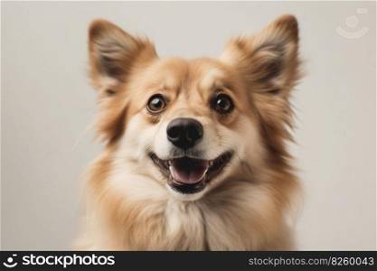A close-up, heartwarming image of a dog’s smiling face, showcasing its expressive eyes and joyful expression, set against a white background. Generative Ai.