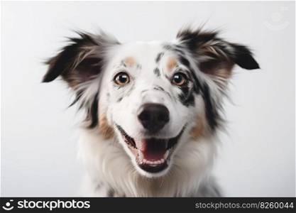 A close-up, heartwarming image of a dog’s smiling face, showcasing its expressive eyes and joyful expression, set against a white background. Generative Ai.