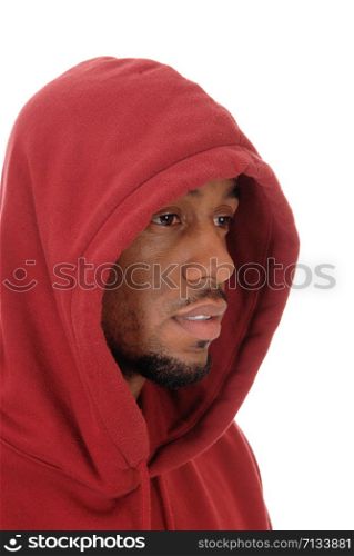 A close up image of an African American young man wearing a burgundy hoody with a beard, isolated for white background
