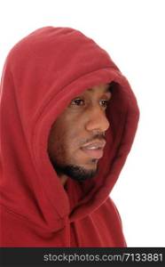 A close up image of an African American young man wearing a burgundy hoody with a beard, isolated for white background