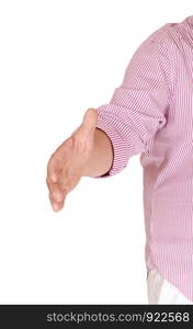 A close up image of the outstretched hand ready to great an person and welcome him, isolated for white background