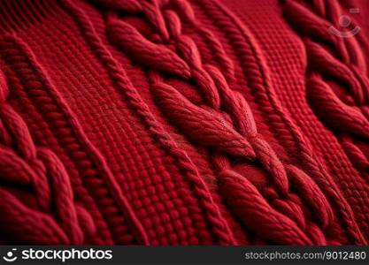 A close up of a burgundy red sweater texture wool material with a pattern, filling the full frame. Generative Ai.
