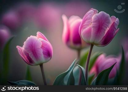 A close-up of a delicate pink tulip flower, full of freshness and fragility. Its petals in focus against the background, showing its beauty and growth within nature, created with geenerative AI