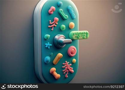 a close-up of a door handle, with the different types of bacteria on display, created with generative ai. a close-up of a door handle, with the different types of bacteria on display