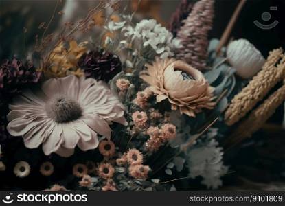 A close-up of a dried wreath made of flowers in soft muted tones. Generative AI.. A close-up of a dried wreath made of flowers in soft muted tones. Generative AI