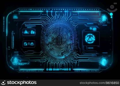 A close-up of a fingerprint being scanned on a futuristic circuit board. The fingerprint is blue and glowing, and the circuit board is covered in intricate detail. Generative AI