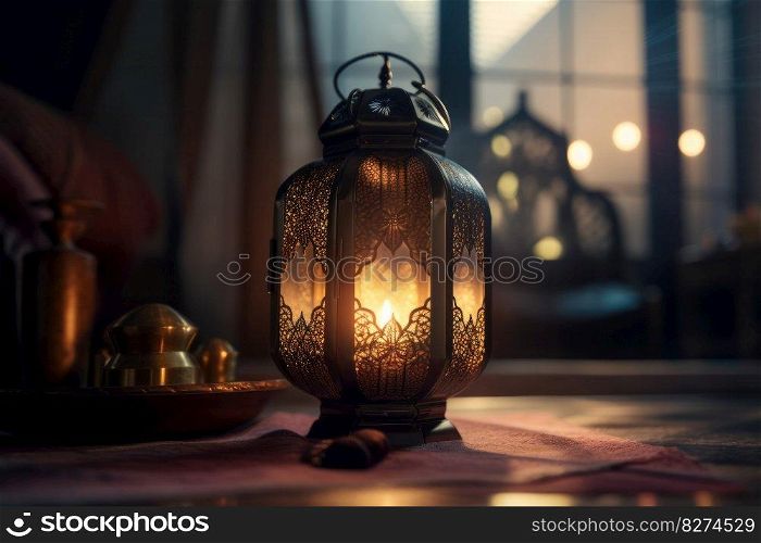 A close-up of a glowing Ramadan lantern, showcasing its intricate design and warm, comforting light. Perfect for cozy and traditional themes. AI Generative.