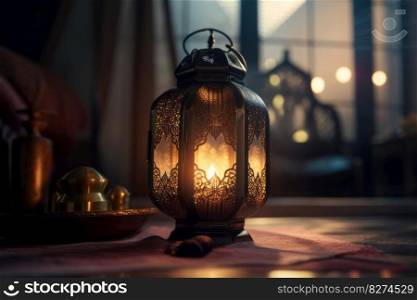 A close-up of a glowing Ramadan lantern, showcasing its intricate design and warm, comforting light. Perfect for cozy and traditional themes. AI Generative.