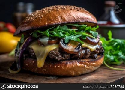 A close-up of a grilled portobello mushroom burger. The mushroom should be juicy and meaty, with melted cheese and a toasted bun. Generative AI