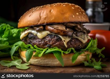 A close-up of a grilled portobello mushroom burger. The mushroom should be juicy and meaty, with melted cheese and a toasted bun. Generative AI