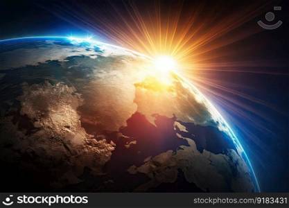 a close-up of a rising sun over a globe, with rays of light illuminating the continents., created with generative ai. a close-up of a rising sun over a globe, with rays of light illuminating the continents.