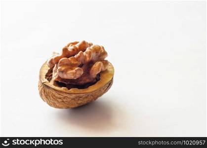 A close up of an open walnut on white background
