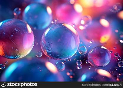 A close-up of colorful bubbles floating on a vibrant background. The bubbles are iridescent and reflect the light in a beautiful way. Generative AI
