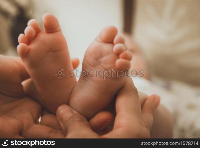 A close-up of tiny baby feet. Newborn Baby legs on the mothers hands