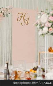 A close-up photo of the decor of the wedding hall.. Elements of decoration of a festive hall for a wedding 3784.