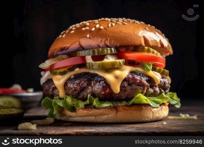 A close-up shot of a juicy, mouthwatering burger, stacked with crispy lettuce, ripe tomatoes, melted cheese, and a perfectly grilled patty. Generative AI