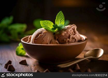 A close-up shot of a single scoop of rich chocolate ice cream, nestled in a dish and garnished with a sprig of fresh mint. Generative AI.