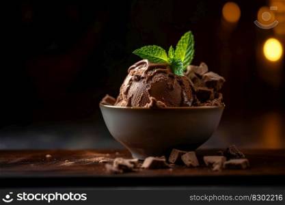 A close-up shot of a single scoop of rich chocolate ice cream, nestled in a dish and garnished with a sprig of fresh mint. Generative AI.
