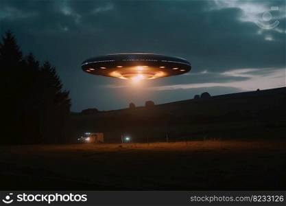 A close up view of a UFO with a spotlight pointed at the bottom of the landscape created with generative AI technology