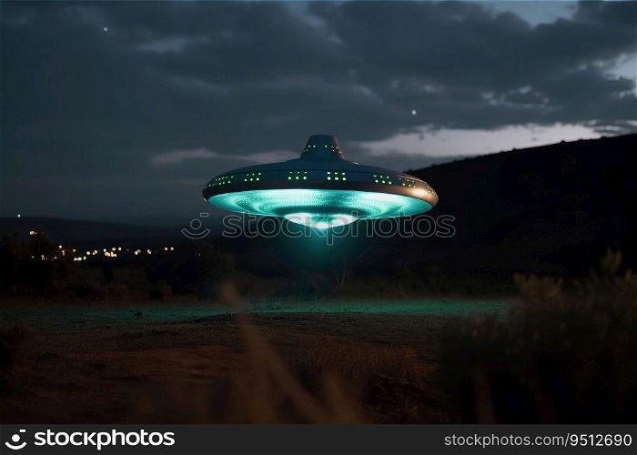 A close up view of a UFO with a spotlight pointed at the bottom of the landscape created with generative AI technology
