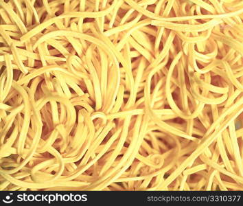 A close-up view of uncooked Canton egg noodles.