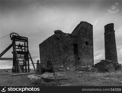 A closer view of some derelict buildings at Magpie Mine, in the Peak District