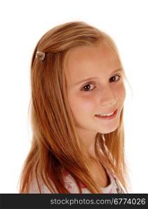 A closeuo image of a young pretty girl with blond hair looking into thecamera, isolated for white background.