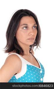 A closeup image of a beautiful serious looking woman in a blue dresslooking away, isolated for white background.. Portrait of serious Hispanic woman.